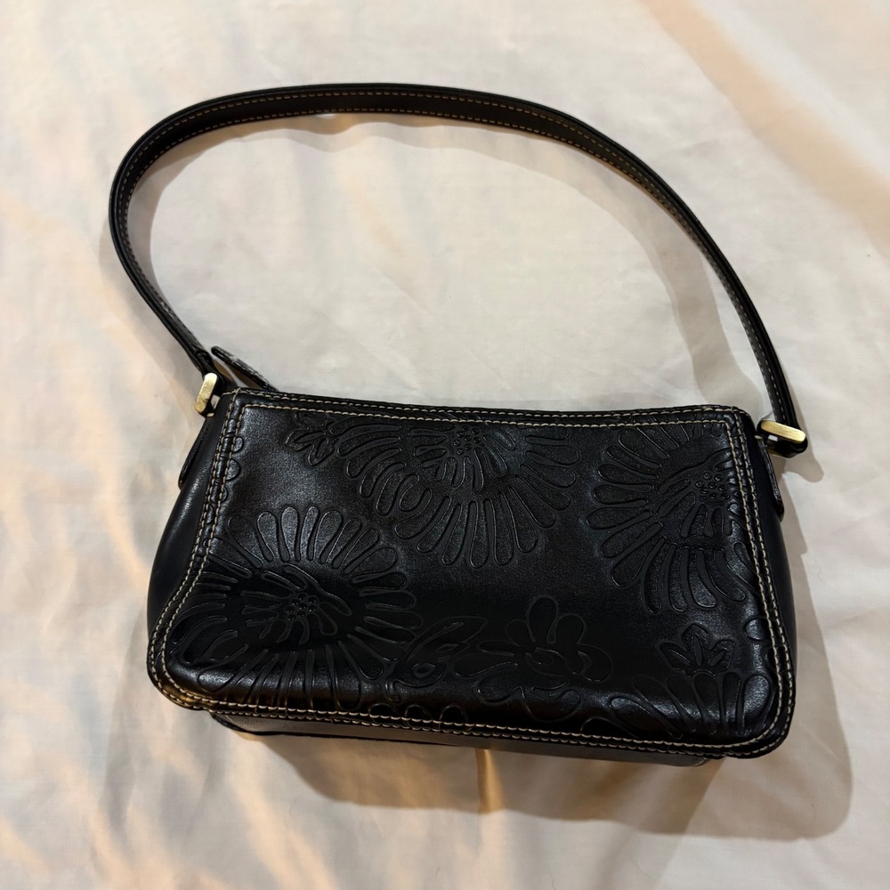 Liz Claiborne Black Floral Embossed Baguette Shoulder Bag Contrast Stitch
